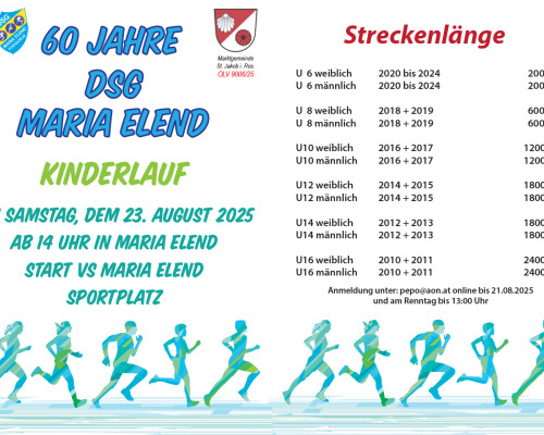 Kinder- und Jugendlauf am Samstag, dem 23.8.2025 um 14:00 Uhr, bei der VS Maria Elend